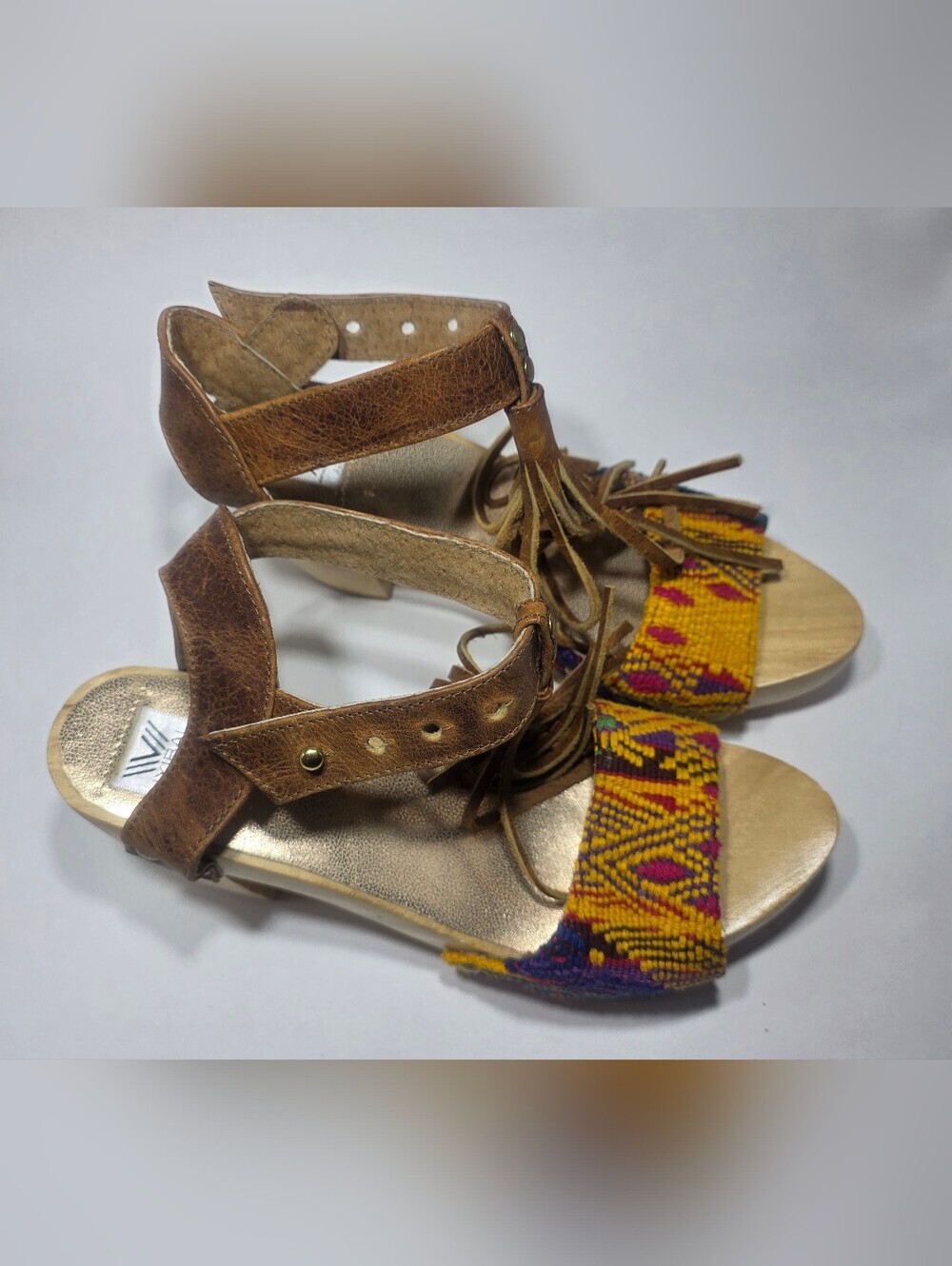 Uxibal Womens Size 8 Leather Ankle Strap Wooden Heel Colorful Woven Sandals Boho - Picture 6 of 7